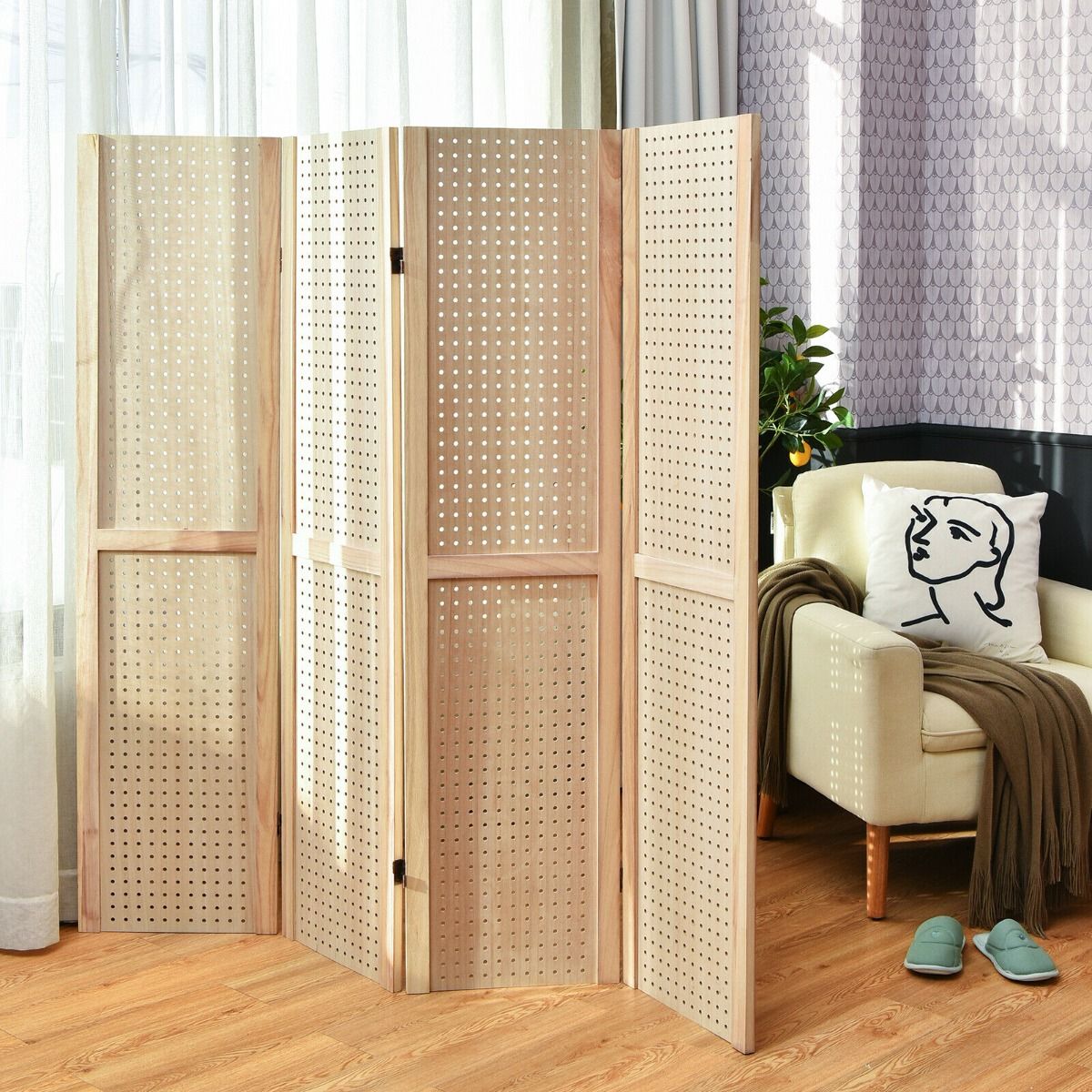 4 Panel Folding Wooden Room Divider with Pegboard Display
